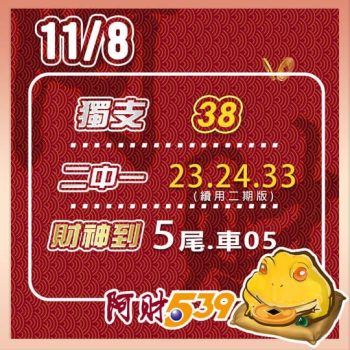 2024/11/08今彩539阿財版路-獨支+三中一+尾數 32 2024/11/08今彩539阿財版路-獨支+三中一+尾數