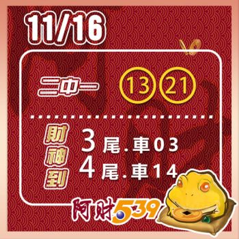 2024/11/16 今彩539阿財版路-二中一+尾數 21 2024/11/16 今彩539阿財版路-二中一+尾數